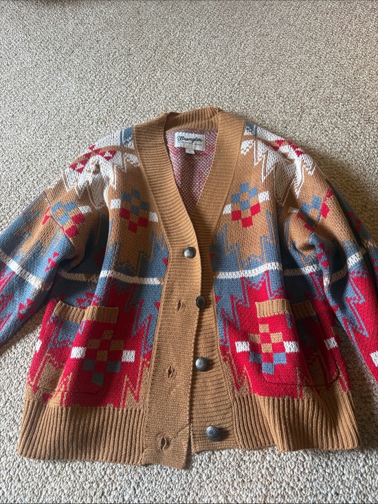 Wrangler Sweaters - Wrangler Brown Southwestern Pattern Cardigan with Red & Blue Accents